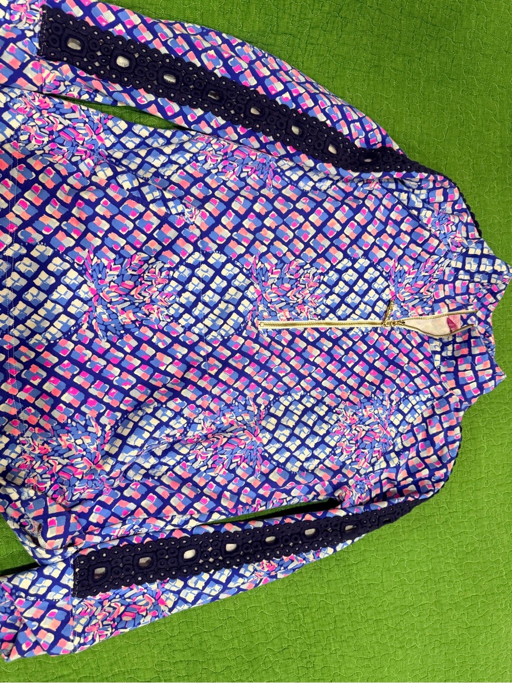 Lilly Pulitzer Blue, Pink & White Printed Zip Front Top with Front pocket